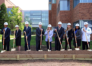 Pictured at the groundbreaking is (left to right) Dr. Alfred Johnson, Dr. Nina Schor, Daniel Wheeland, Dr. James Gilman, Andrea Palm, Dr. Lawrence A. Tabak, Dr. Tara A. Schwetz, Courtney Aklin, and Dr. Steven Rosenberg