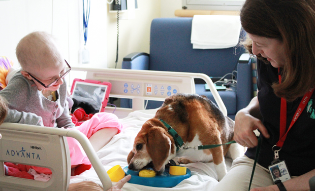A 10-year old Clinical Center patient with Juno the dog and Dr. Lisa G. Portnoy