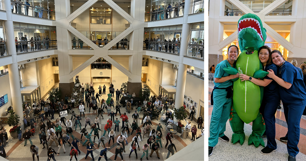 left: flash mob; right: group pose with dinosaur costume