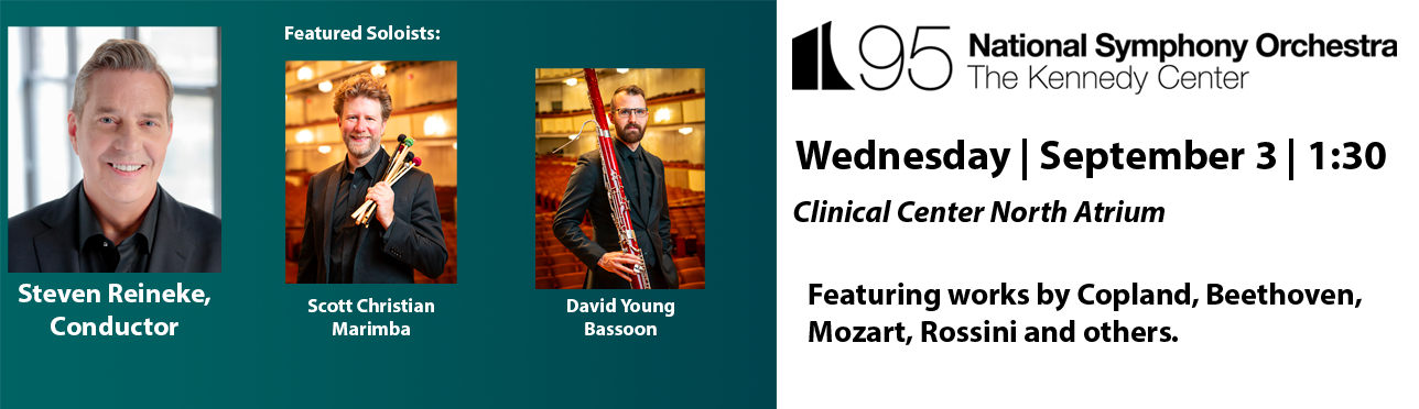 Male conductor smiling, photos of two male soloist, with marimba and bassoon instruments