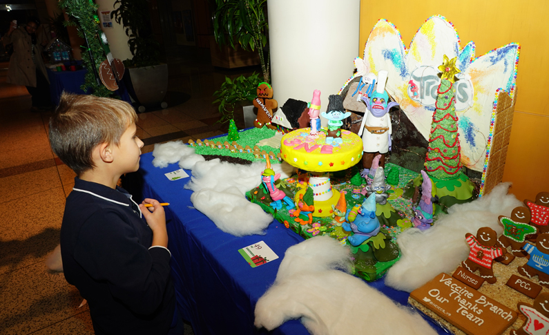 A young boy voting on gingerbread houses