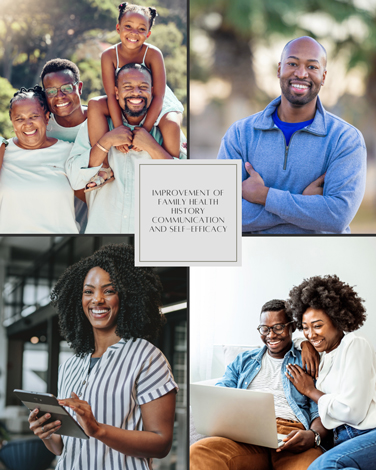 photo collage of people with text that reads Improvement of Family Health History Communication and Self-Efficacy