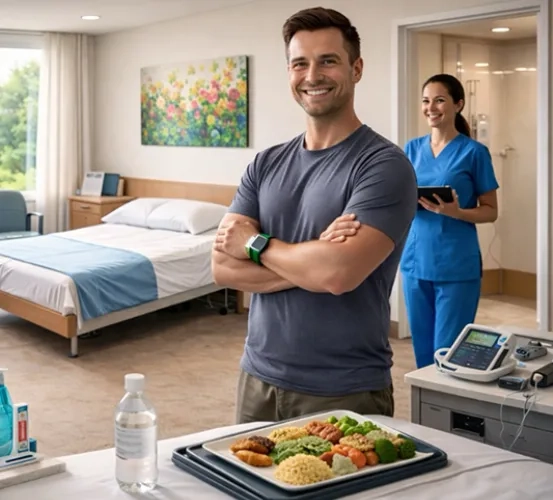 A man stands in a room with a medical professional and a plate of food, illustrating how environmental factors can influence allergies