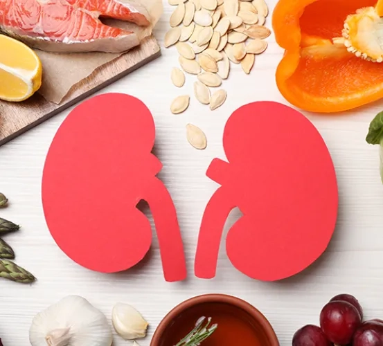 Fresh fruits, vegetables, and seeds are arranged around a cutout in the shape of a human kidney