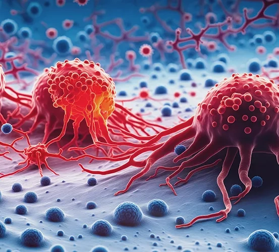 Medical illustration of multi-tentacled cells resembling cancer cells interacting with smaller surrounding cells