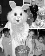 Photo of Easter bunny with children and insert photo of Joan Kraft
