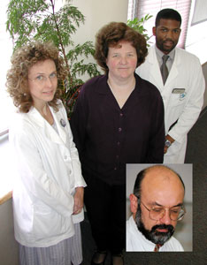 Photo of Dr. Kovacs' team members: Elizabeth Jones, Grace Kelly, and Galen Joe with inset photo of the late Kirk Miller