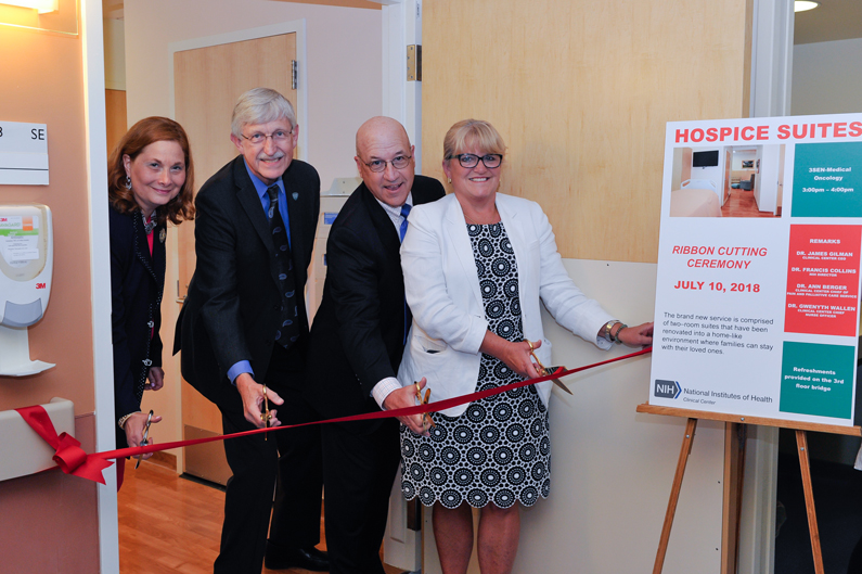Dr. Ann Berger, chief of the Pain and Palliative Care Service, Dr. Francis Collins, director of the NIH, Dr. Jim Gilman, CEO of the Clinical Center and Dr. Gwen Wallen, chief nursing officer, open the Hospice Suites.