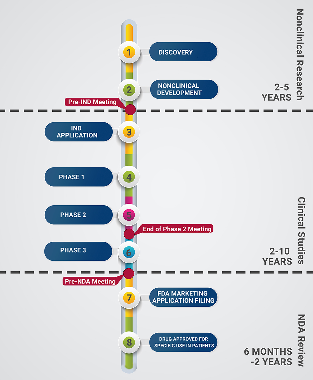 Life Cycle of a New Drug Flowchart, steps 1-7, Nonclinical Research (2-5 Years), Clinical Studies (2-10 Years), and NDA Review (6 Months to 2 Years)