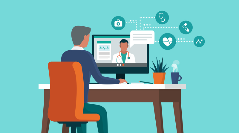 Graphic illustration of a patient in a Virtual Visit with his health care provider using his computer