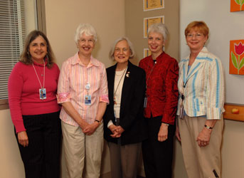NIH Children's School teachers (l to r) Anita Field, Anne Wasson, Helen Mays, Susan Job and Ann Davidson tend to educational needs of Clinical Center patients.