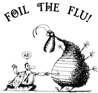 graphic of man fencing with a giant bug meant to illustrate the flu