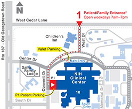 A color map shows where the entrance is in relation to the rest of the NIH campus