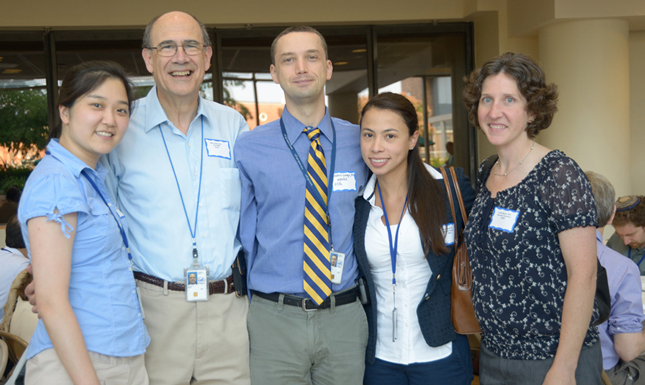 From the left: Dr. Jung E. Park, fellow; Dr. Mark Hallet, chief, Human Motor Control Section, NINDS; Dr. Cordin Lungu, chief, NIH Parkinson Clinic, NINDS; Dr. Nora Vanegas-Arroyave, fellow; Dr. Carine Maurer, fellow