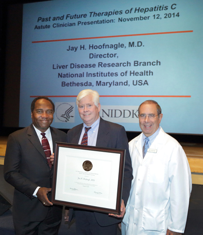 Jay H. Hoofnagle (center), Dr. Griffin P. Rodgers (left), and Dr. John I. Gallin (right)