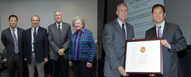 Left photo: Dr. Michael Kuo, Dr. John I. Gallin, Dr. David Bluemke, and Mrs. Anne-Marie Doppman. Right photo: Bluemke presenting Kuo with a certificate of appreciation