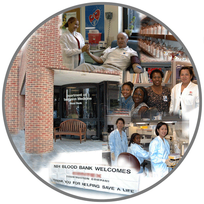 A Collage of DTM photos: outside the Clinical Center, Blood Donor Logo, and DTM Staff