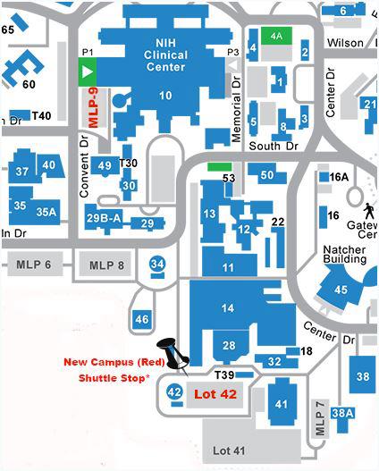 Map of NIH intramural campus and the locations of the garage and new parking lot.
