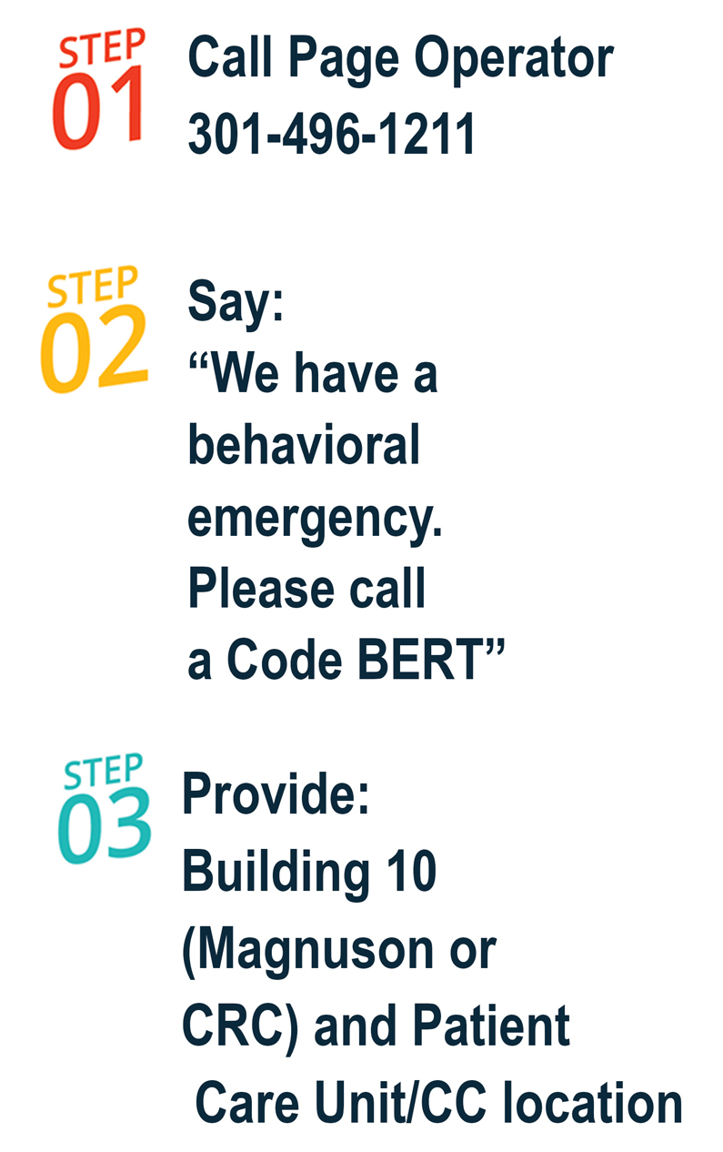 Step 1: Call Page Operator at 301-496-1211; Step 2: Say: We have a behavioral emergency. Please call a Code BERT; Step 3: Provide: Building 10 (Magnuson or CRC) Patient Care Unit/CC Location