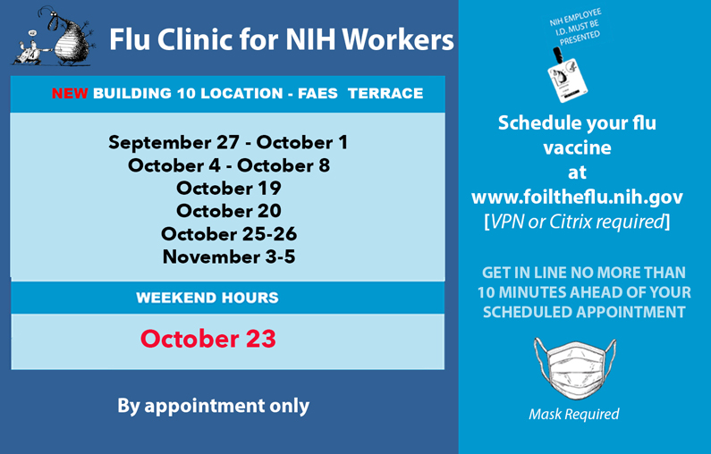 Flu clinic hours graphic. Full details at https://www.foiltheflu.nih.gov