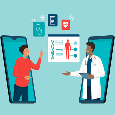 Graphic illustration depicting Telehealth connection between patient and doctor